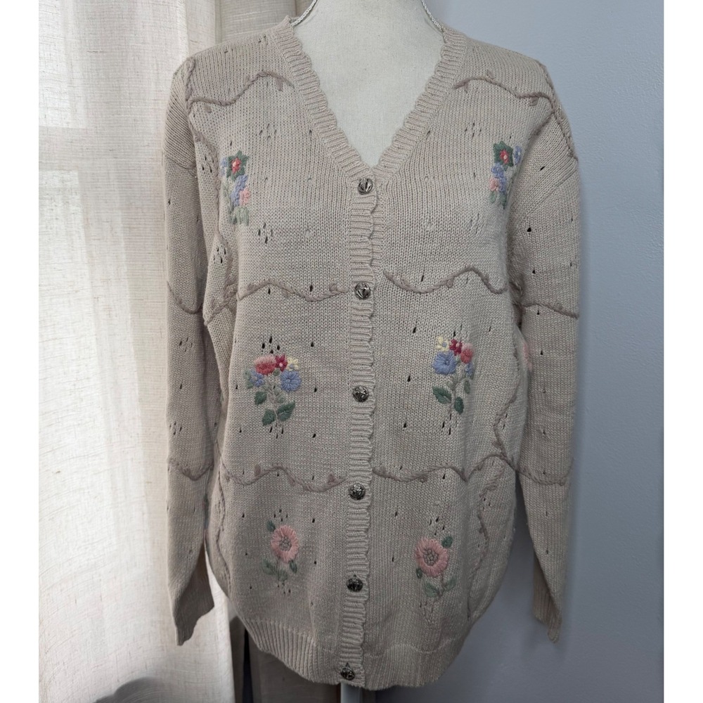 90s Vintage Northern Reflections‎ Floral Embroidered Cardigan Sweater Medium